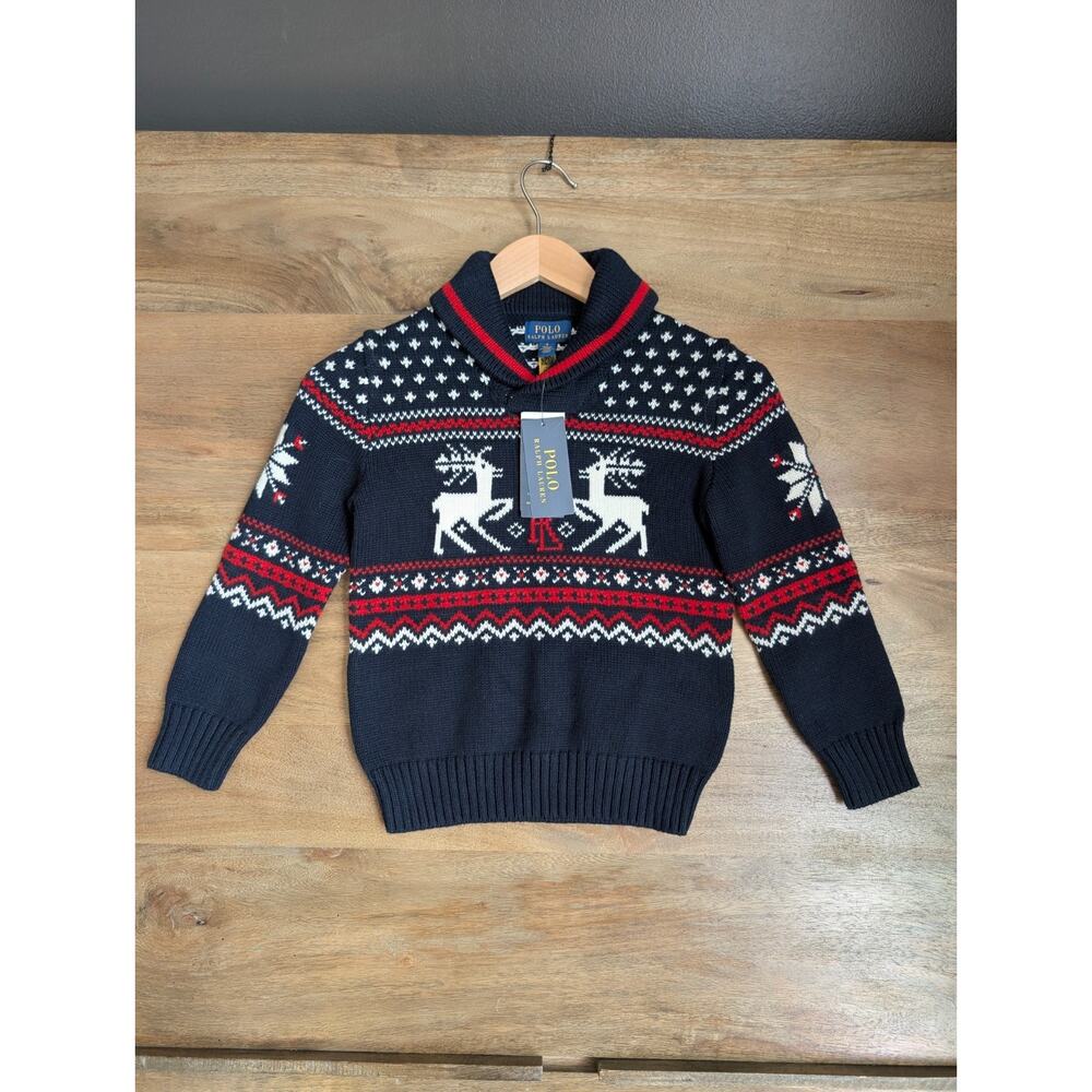Polo Ralph Lauren Sweater Boys Size 6 Navy Reindeer Long Sleeve Shawl Collar NWT